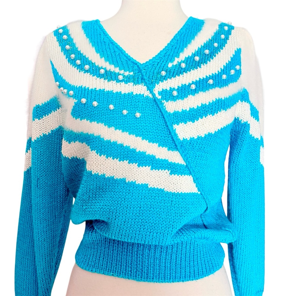 1980’s Bold Teal & White Knit Sweater w/ Pearl Accents, Angora & Rabbit Hair Lux